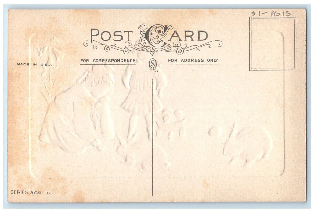 c1910's Easter Girls Bunny Rabbits Eggs Cart Toy Embossed Antique Postcard
