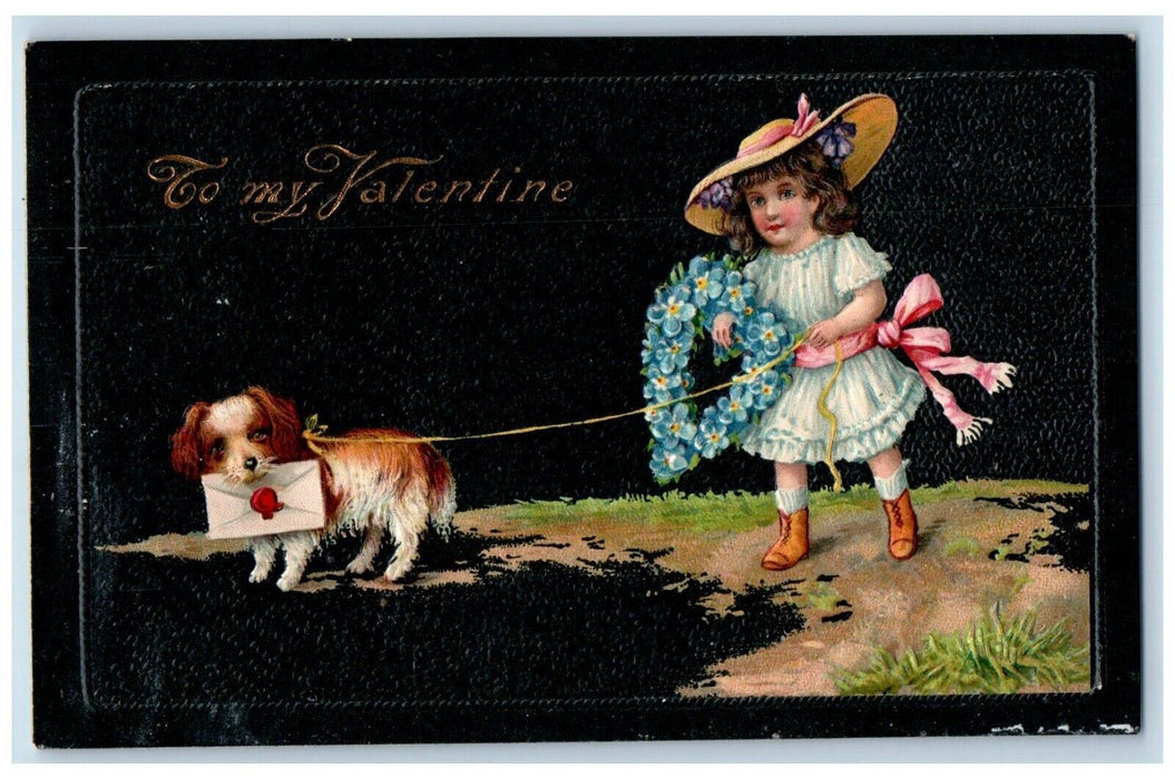 Valentine Girl And Her Dog Envelop Heart Pansies Flowers Embossed Postcard