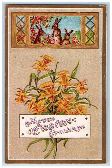 c1910's Easter Greetings Bunny Rabbits Flowers Winsch Back Embossed Postcard