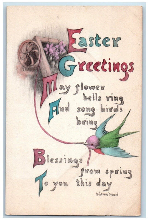 c1910's Easter Greetings Bird Ring Bells Flowers Embossed Antique Postcard
