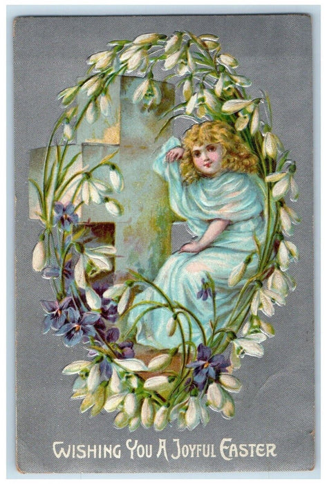 c1910's Joyful Easter Cross Girl Pansies Flowers Embossed Antique Postcard
