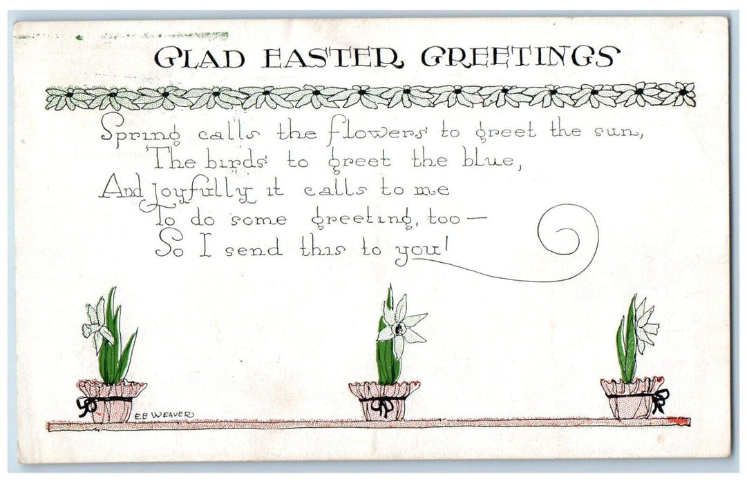 1914 Easter Greetings Poem Flowers Pot Weaver Lincoln Virginia VA Postcard