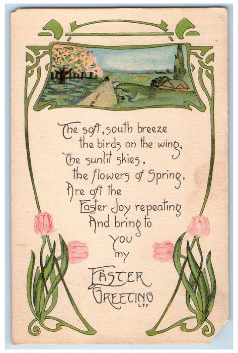 c1910's Easter Greeting Arts Craft Nouveau Flowers Rockville CT Antique Postcard