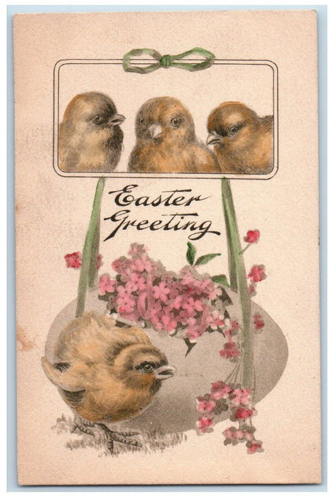 c1910's Easter Greetings Hanging Hatched Egg Pansies Flowers Antique Postcard