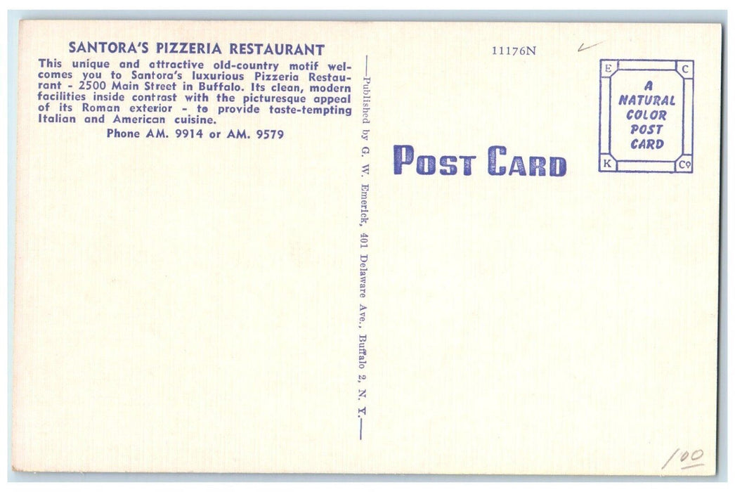 c1940 Santora's Pizzeria Restaurant Main Street Pizza Buffalo New York Postcard