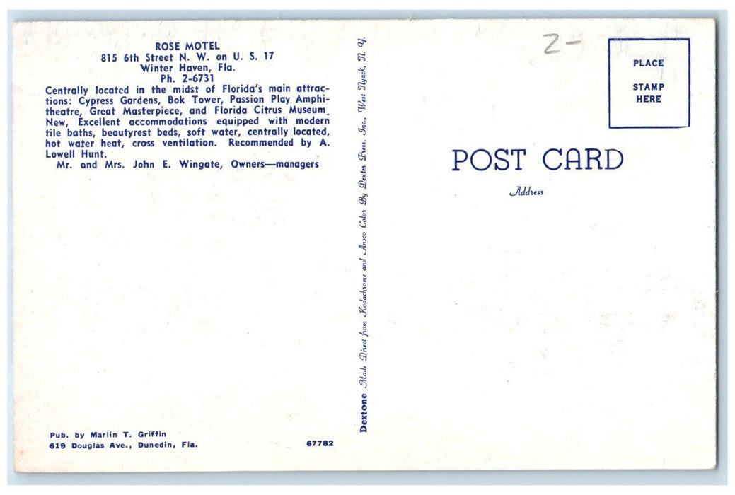 c1950's View Of Rose Motel Winter Haven Florida FL Unposted Vintage Postcard