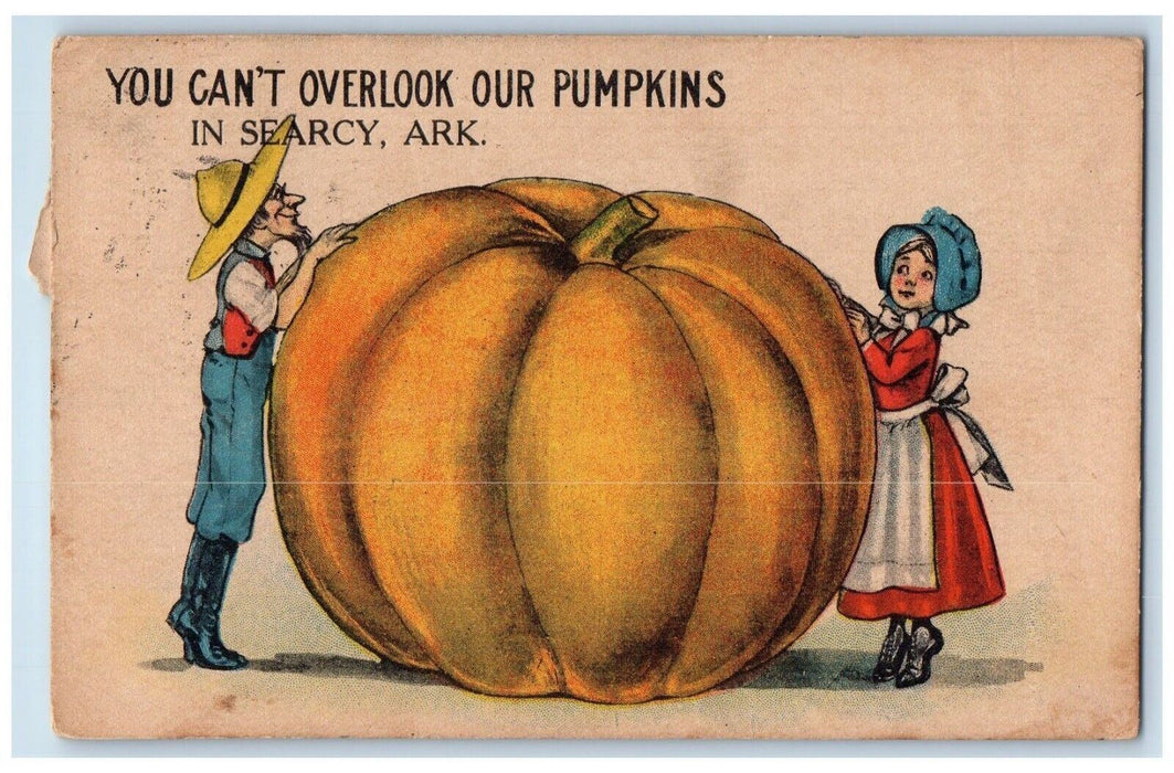 1915 Exaggerated Giant Pumpkin Farmer Boy Girl Searcy Arkansas AR Postcard