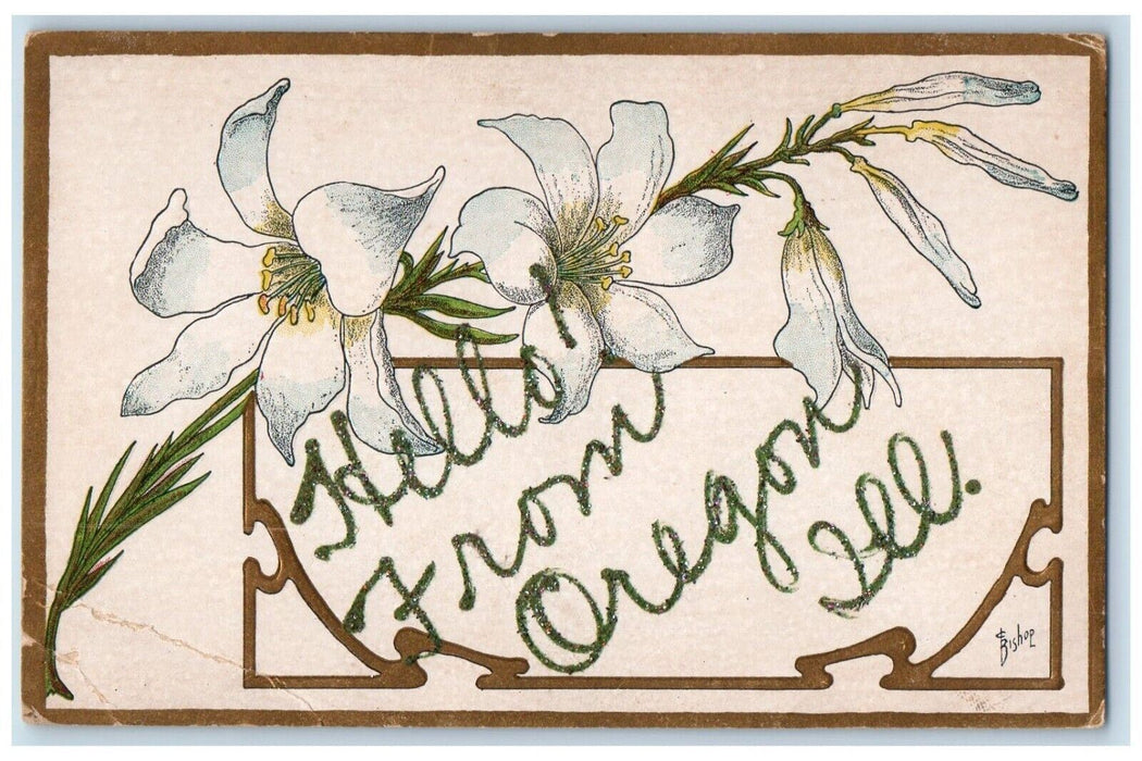 c1910's Hello From Oregon Illinois IL, White Lily Flowers Glitter Postcard