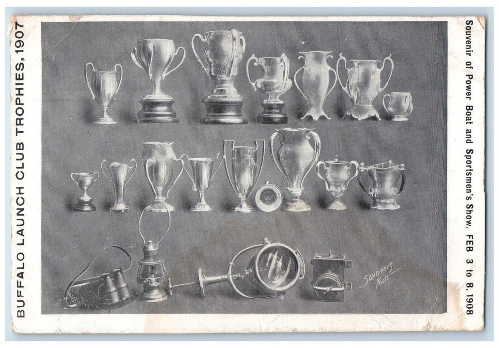 c1900 Buffalo Launch Club Trophies Souvenir Power Boat Sportsmen's Show Postcard