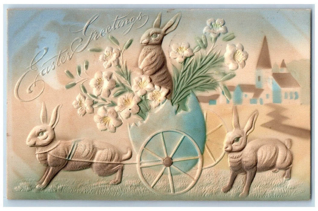 Easter Greetings Bunny Rabbits Pulling Hatched Egg Flowers Airbrushed Postcard