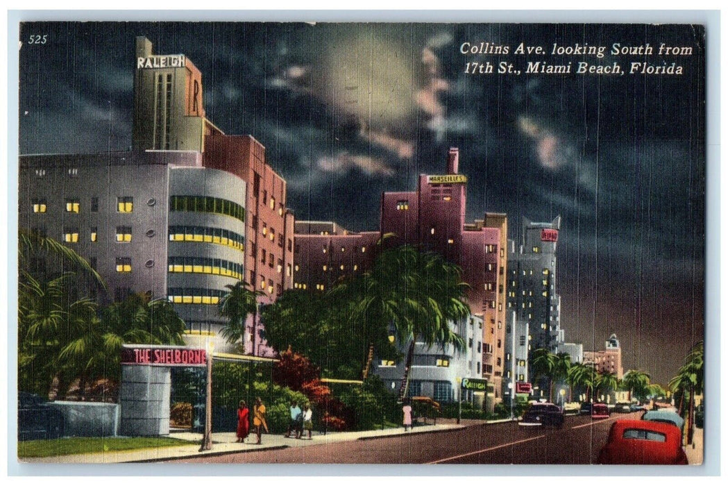 1961 Collins Avenue Night Moonlight Looking South Miami Beach Florida Postcard