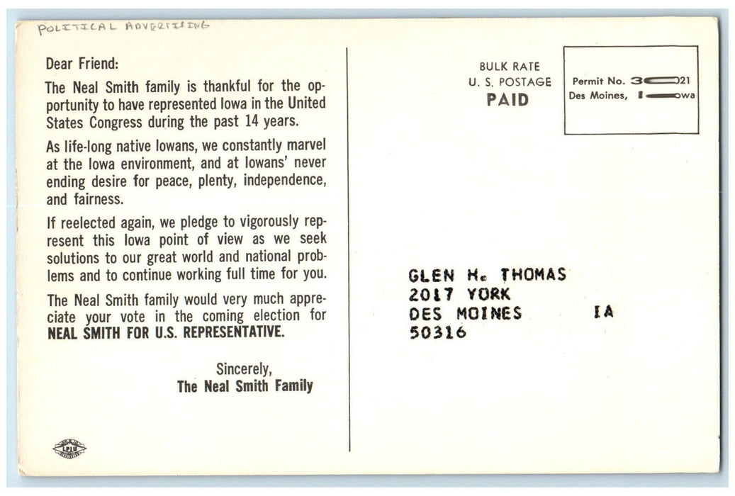 1960 Neal Smith Family Des Moines IA US Senate Political Advertising Postcard