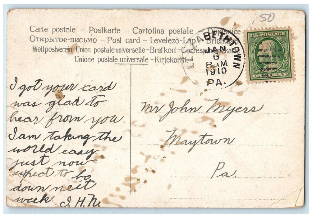 1910 Greetings From Elizabethtown PA, Roses Pansies Flowers Embossed Postcard