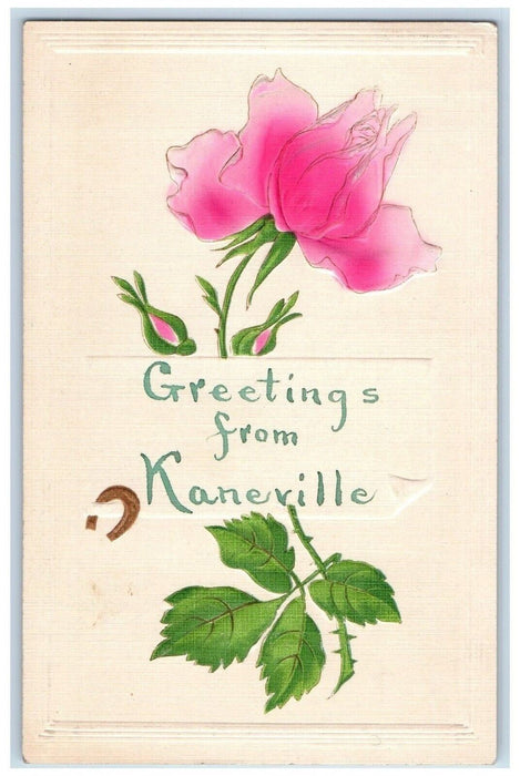 c1910's Greetings From Kaneville IL, Pink Flower Horsehoe Embossed Postcard