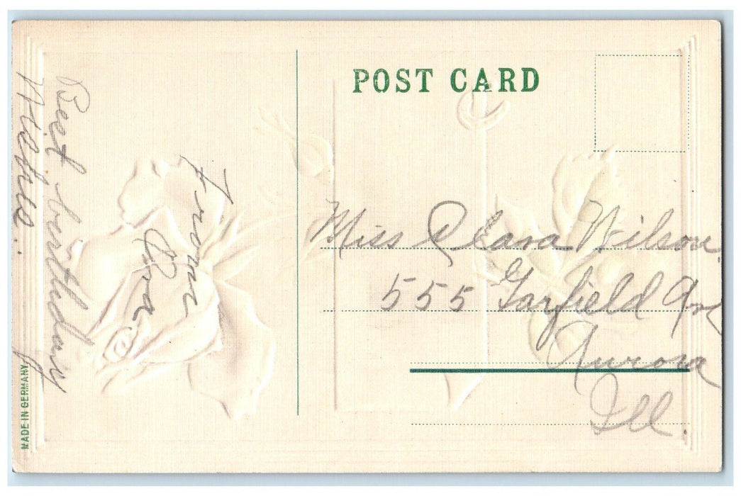 c1910's Greetings From Kaneville IL, Pink Flower Horsehoe Embossed Postcard