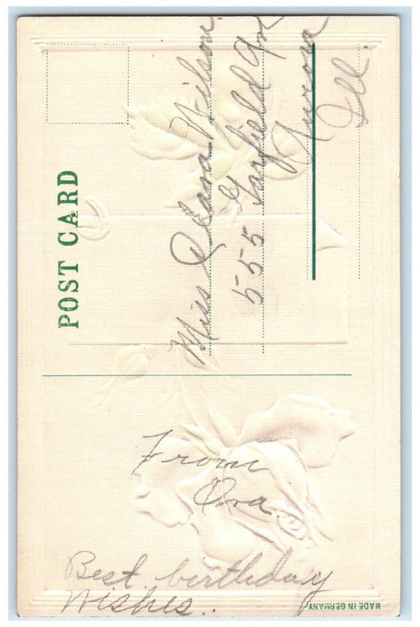 c1910's Greetings From Kaneville IL, Pink Flower Horsehoe Embossed Postcard