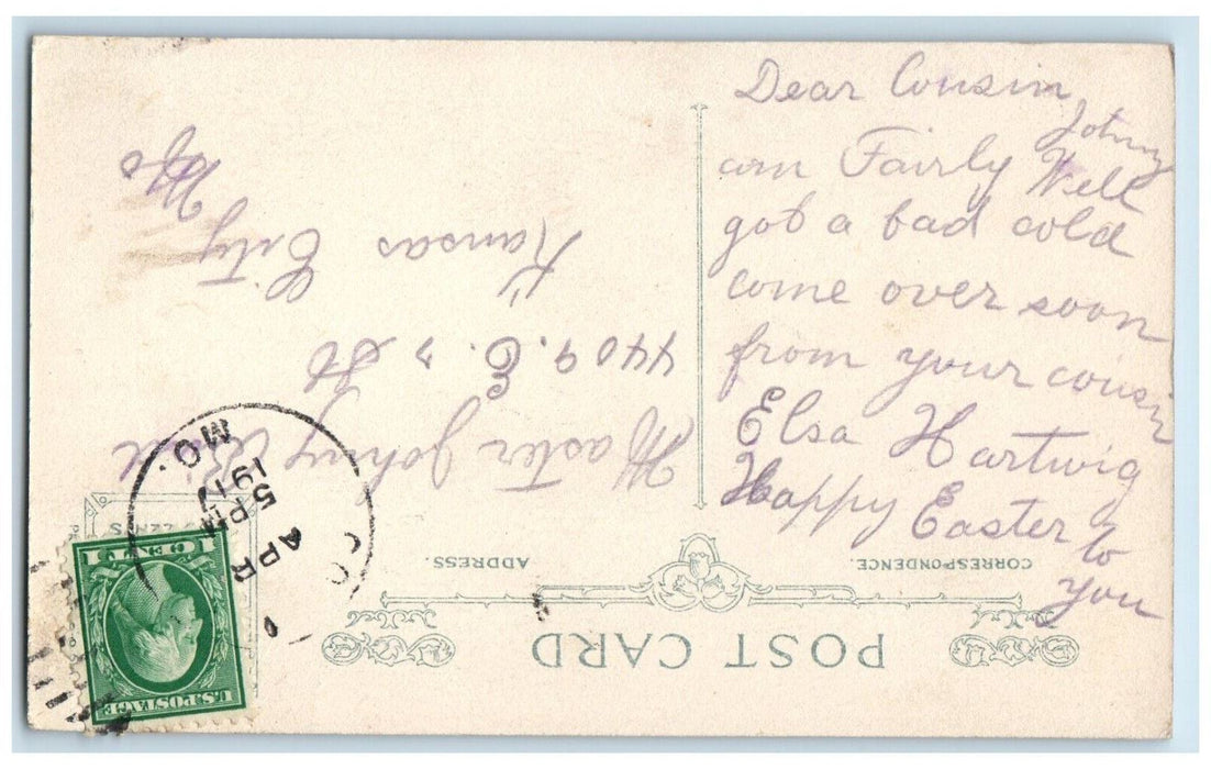 1917 Easter Greetings Bunny Rabbits And Flowers Posted Antique Postcard