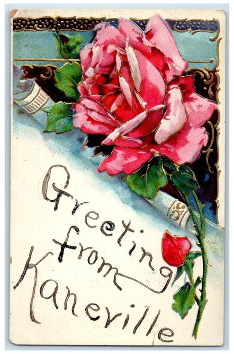 1910 Greetings From Kaneville IL, Pink Roses Embossed Posted Antique Postcard