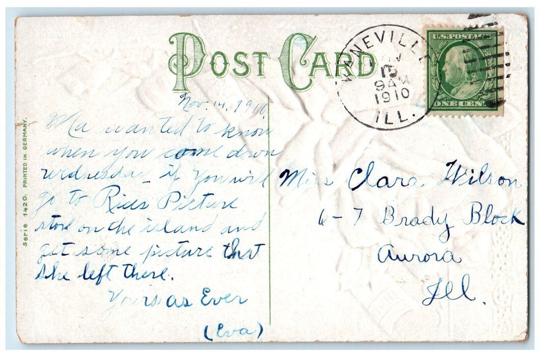 1910 Greetings From Kaneville IL, Pink Roses Embossed Posted Antique Postcard