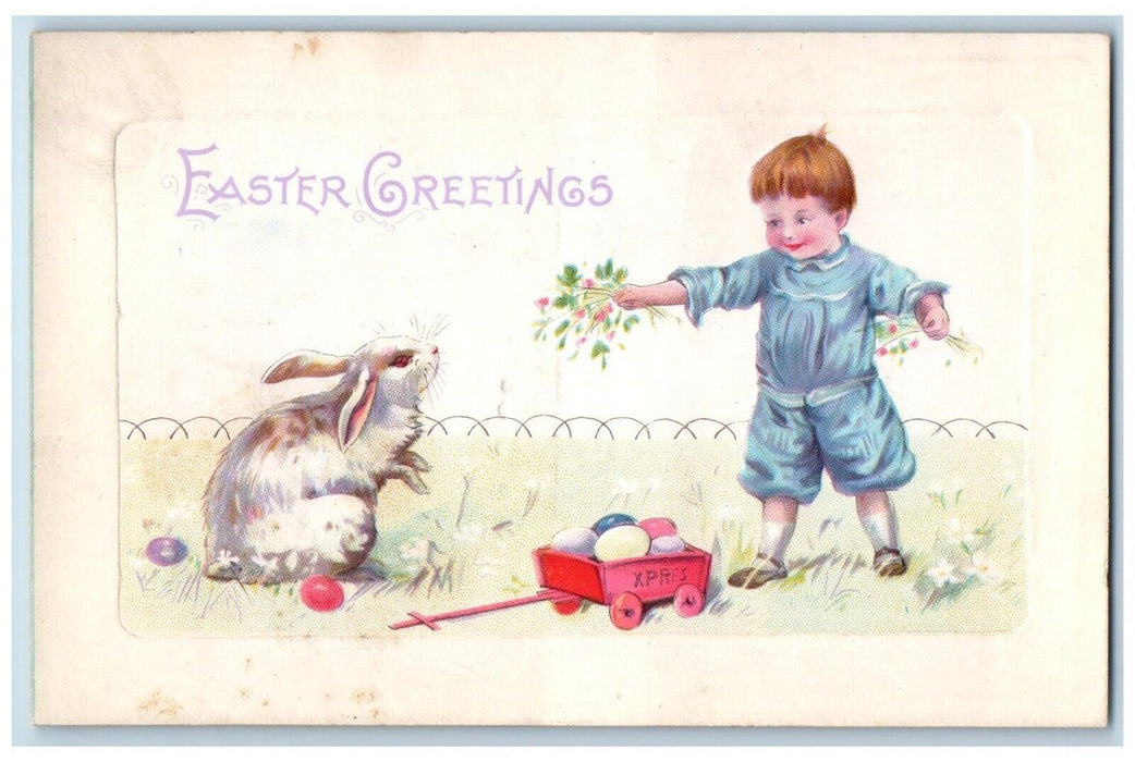 c1910's Easter Greetings Little Boy Wagon Toy Bunny Rabbit Eggs Antique Postcard