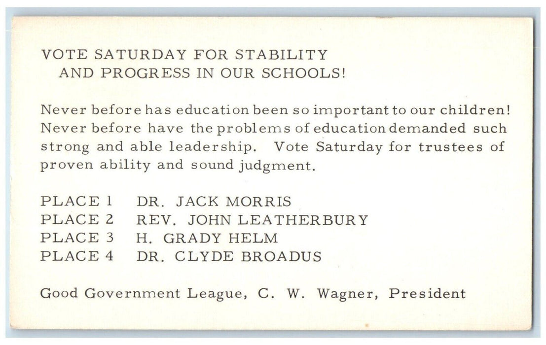 c1950's School Trustee Election Progress Forth Worth Texas TX Unposted Postcard