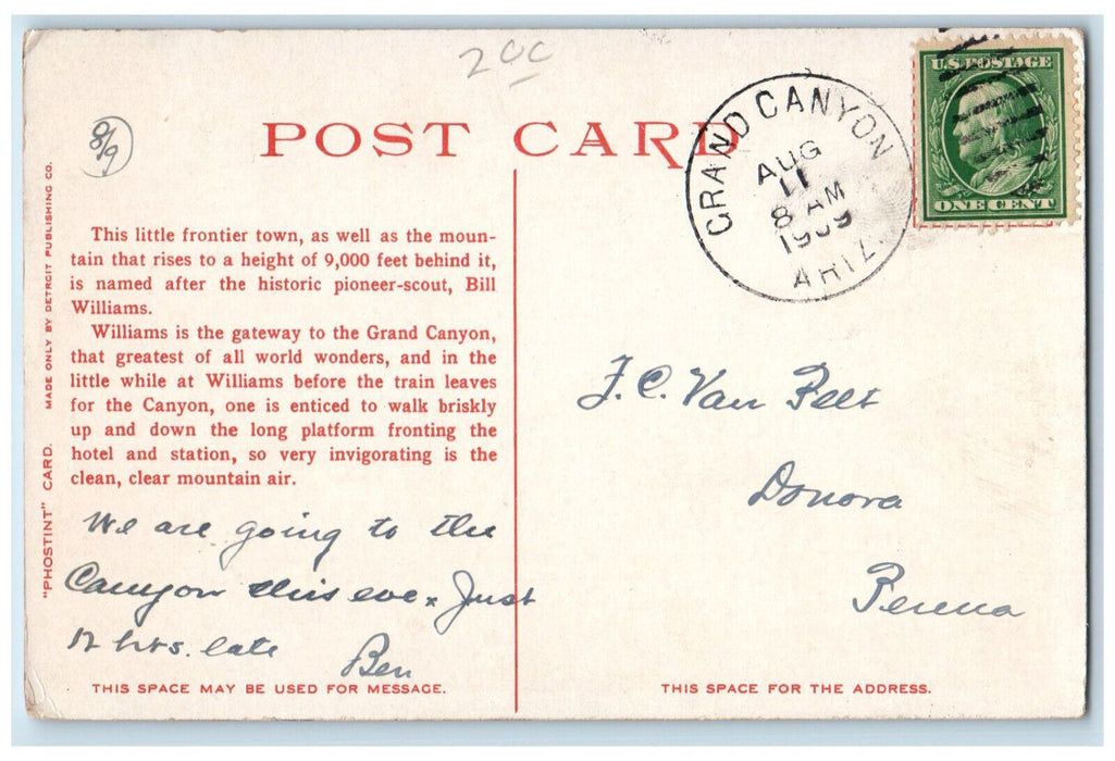 1909 View Of Mountain Williams Grand Canyon Arizona AZ Phostint Antique Postcard