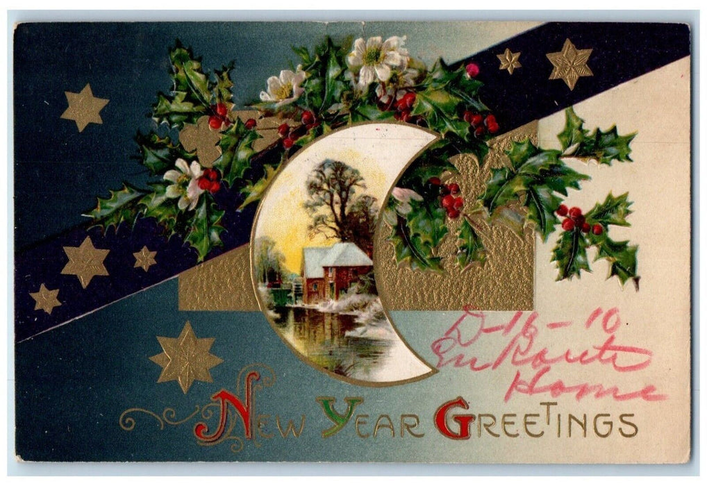 1910 New Year Greetings Holly Berries House Winsch Back Pittsburg PA Postcard