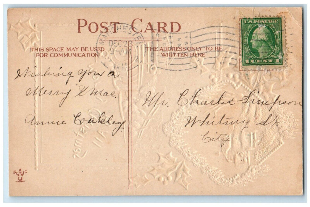 1912 Merry Christmas Locomotive Train Holly Berries House Manchester NH Postcard
