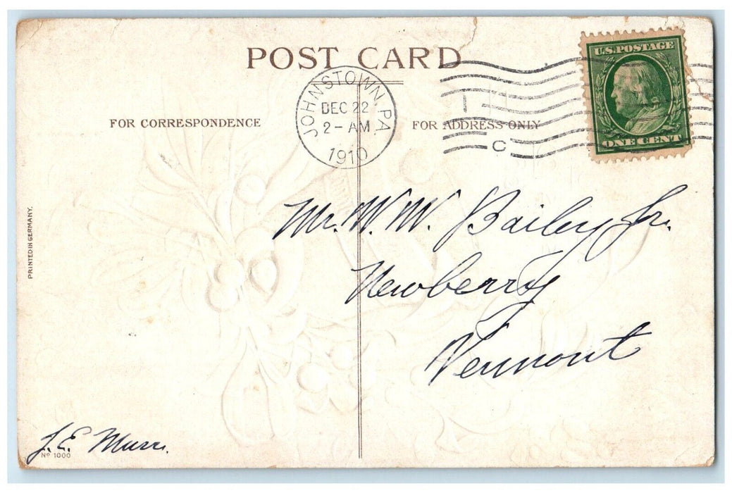 1910 Christmas Ringing Bells Mistletoe Ellen Clapsaddle Johnstown PA Postcard