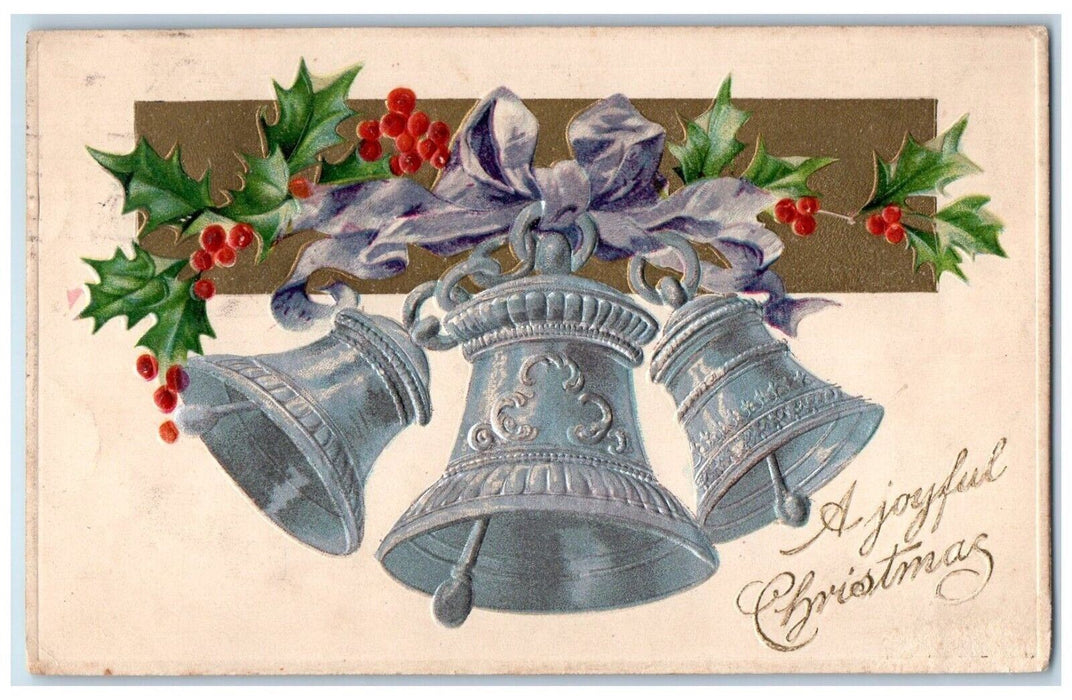 1910 Christmas Ringing Bells Holly Berries Embossed Nash Barre VT Postcard