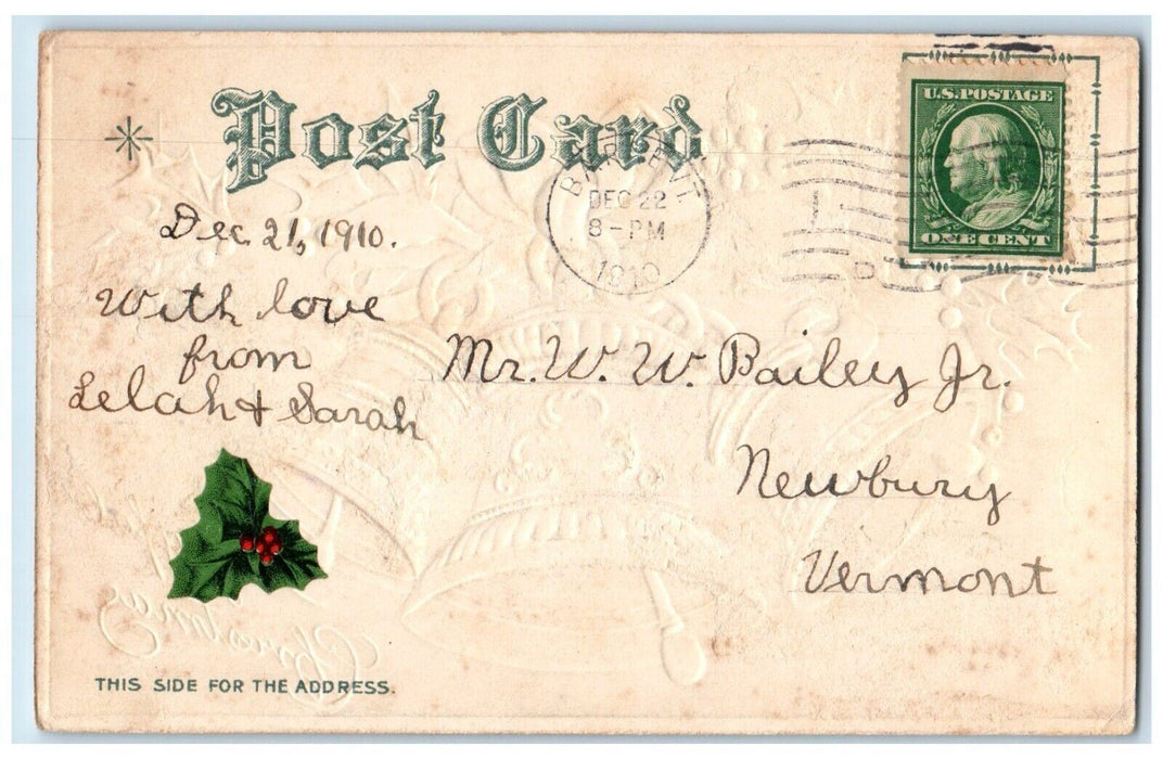 1910 Christmas Ringing Bells Holly Berries Embossed Nash Barre VT Postcard
