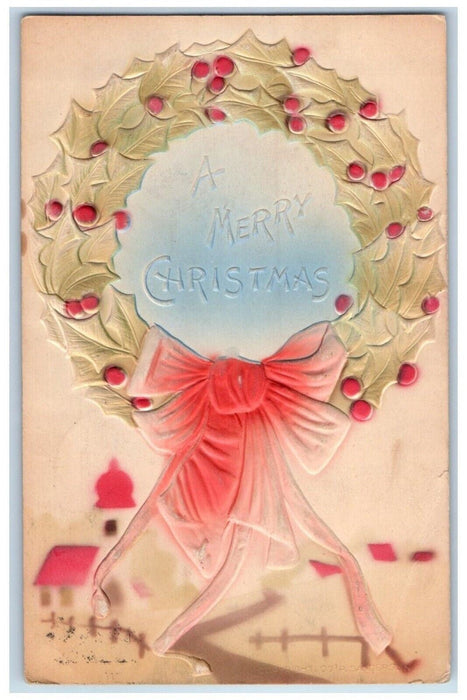 1908 Merry Christmas Holly Berries Whreath Ribbon Airbrushed Dayton OH Postcard