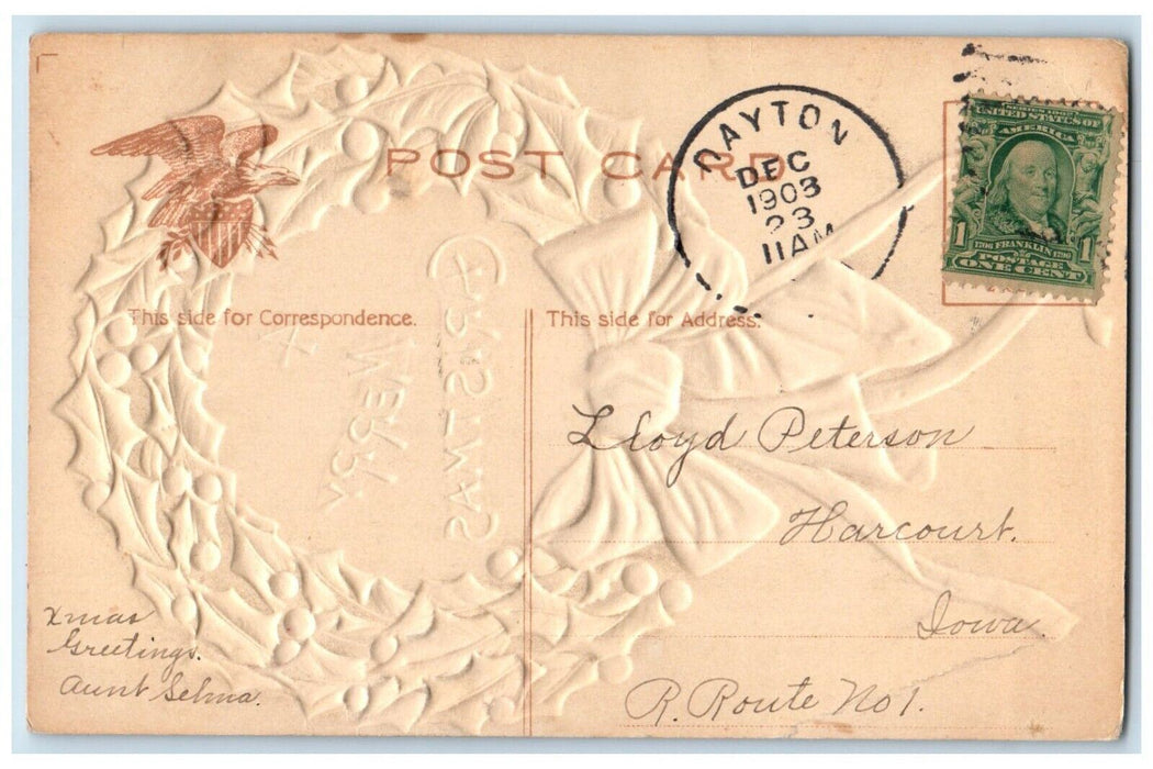 1908 Merry Christmas Holly Berries Whreath Ribbon Airbrushed Dayton OH Postcard