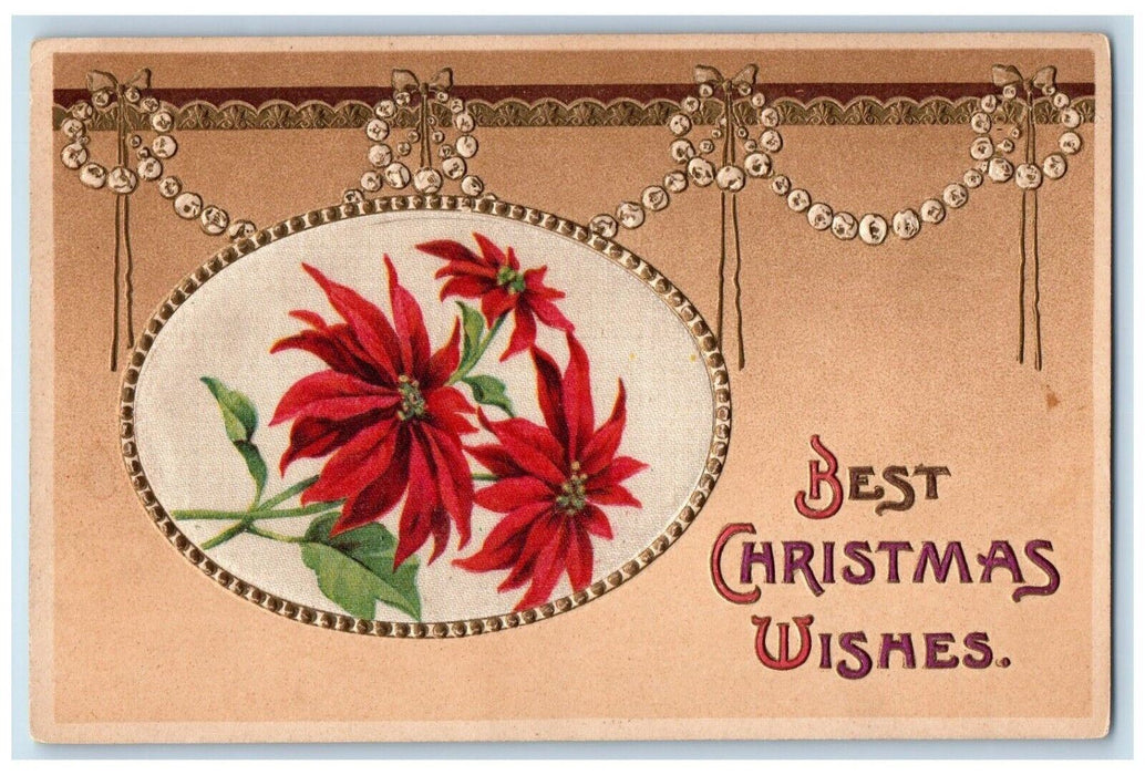 c1910's Christmas Wishes Poinsettia Flowers Silk Embossed Antique Postcard