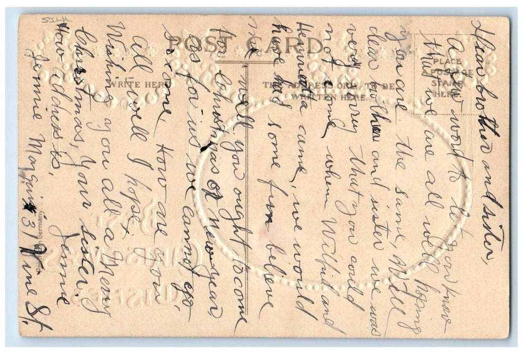 c1910's Christmas Wishes Poinsettia Flowers Silk Embossed Antique Postcard