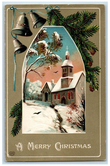 1909 Christmas Ringing Bells Pine Cone Church House Lane Nevada NV Postcard