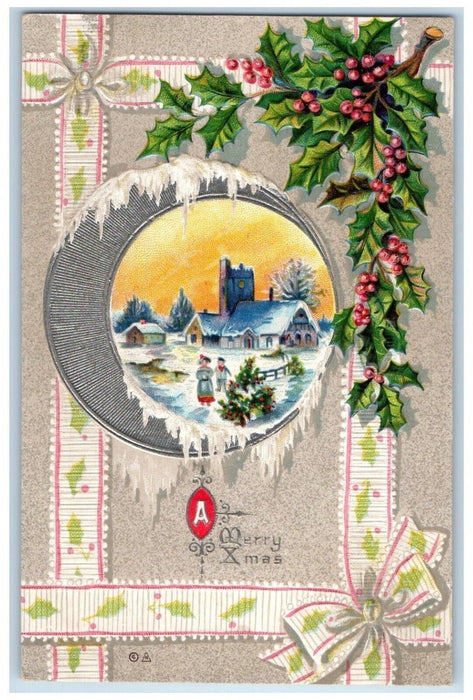 1911 Merry Christmas Holly Berries Houses Winter Embossed Antique Postcard