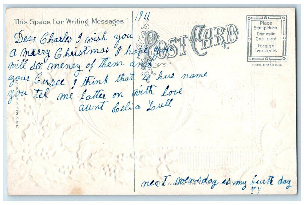 1911 Merry Christmas Holly Berries Houses Winter Embossed Antique Postcard