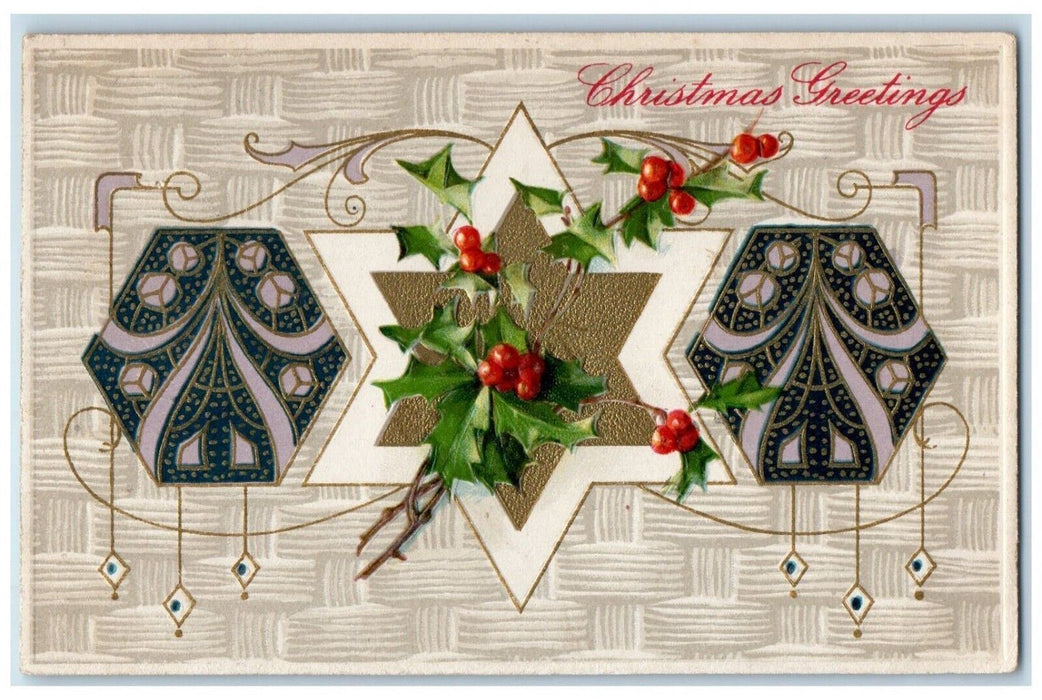 1908 Christmas Greetings Star Holly Berries Winsch Back Newark NJ Postcard