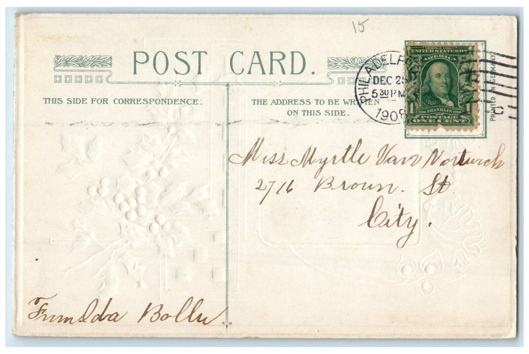 1908 Christmas Berries House Trees Winter Winsch Back Philadelphia PA Postcard