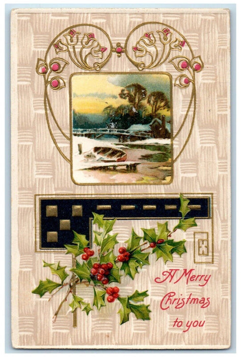 1915 Merry Christmas Berries House Trees Winter Winsch Back Delanson NY Postcard