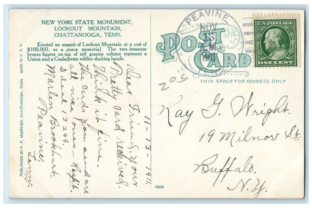 1911 New York State Monument Lookout Mountain Chattanooga Tennessee TN Postcard
