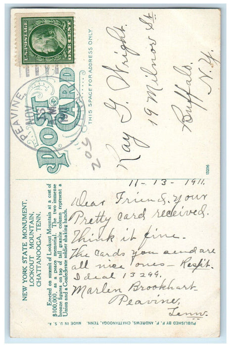 1911 New York State Monument Lookout Mountain Chattanooga Tennessee TN Postcard