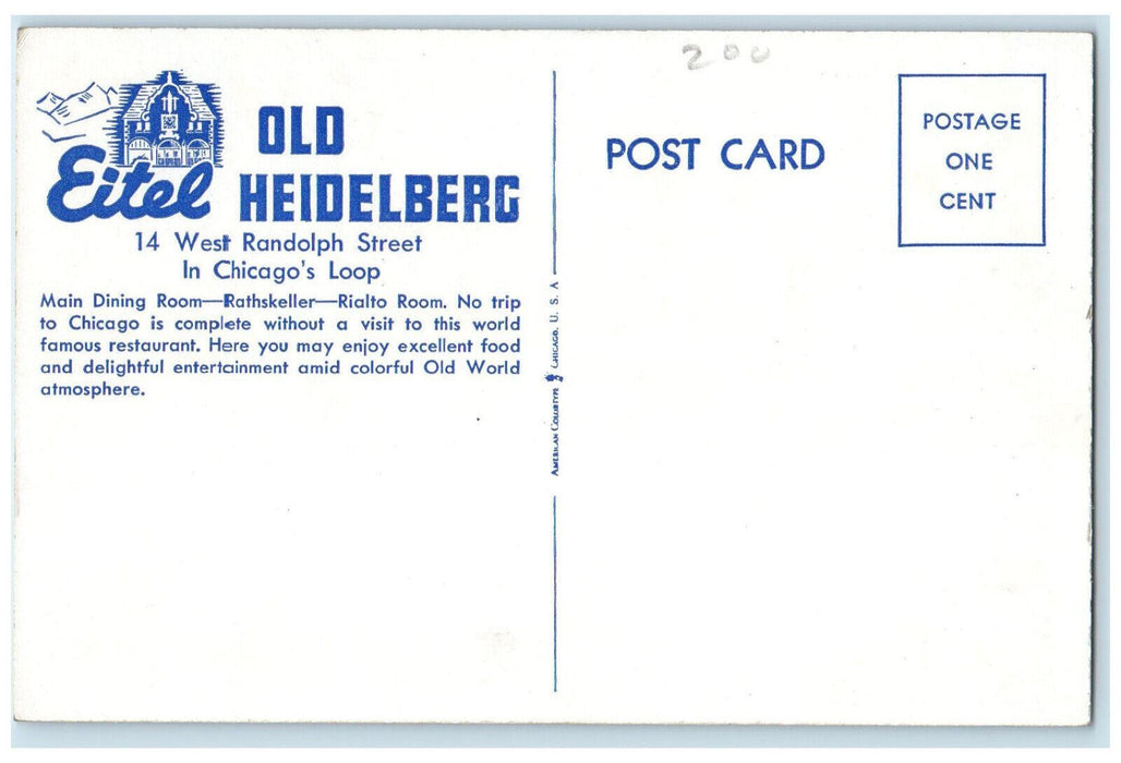 Eitel Old Heidelberg Main Dining Restaurant Chicago Illinois IL Vintage Postcard