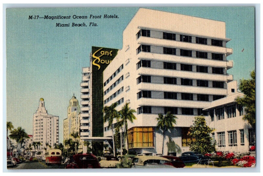 1953 Magnificent Ocean Front Hotels Street Cars Miami Beach Florida FL Postcard