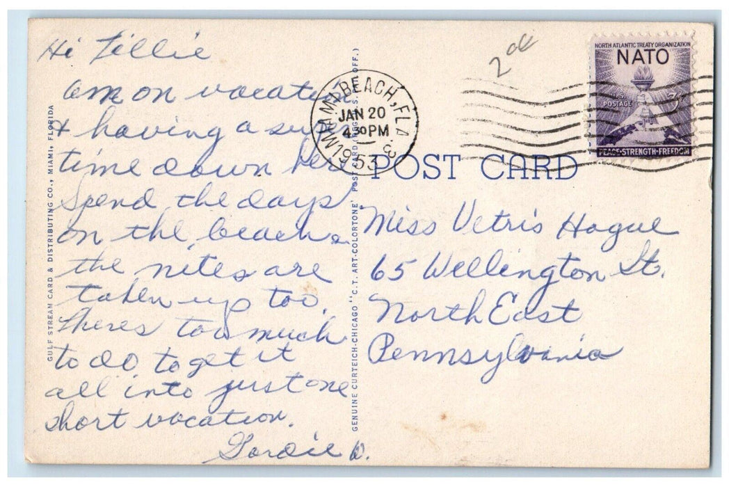 1953 Magnificent Ocean Front Hotels Street Cars Miami Beach Florida FL Postcard