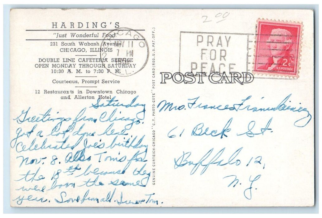 1956 Harding's Cafeteria Restaurant Dining Chicago Illinois IL Vintage Postcard