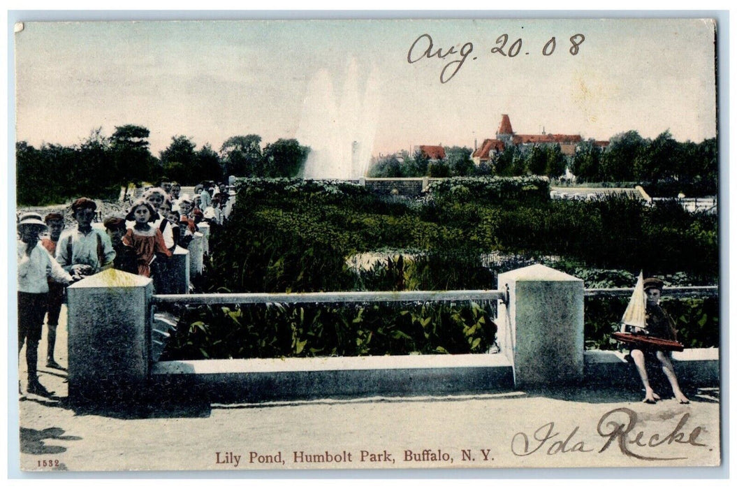 1908 Lily Pond Humbolt Park Fountain Children Sailboat Buffalo New York Postcard