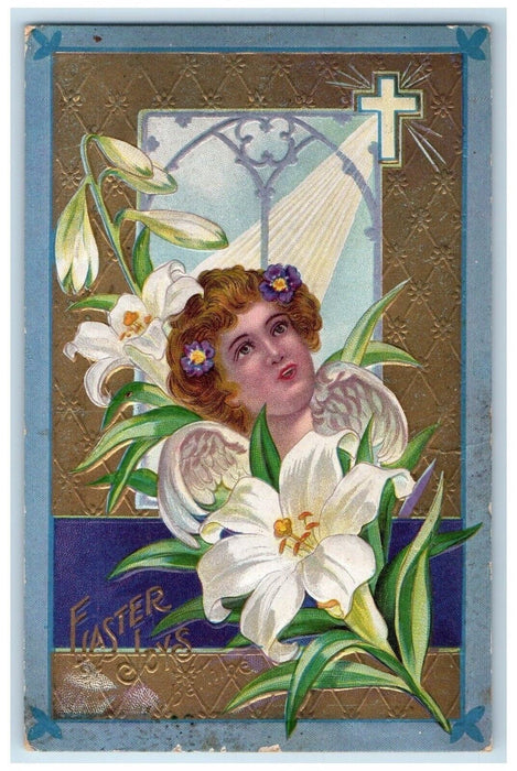 c1910's Easter Joys Lily Flowers Angel Head Holy Cross Embossed Antique Postcard