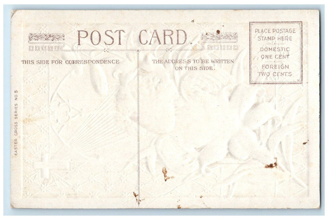 c1910's Easter Joys Lily Flowers Angel Head Holy Cross Embossed Antique Postcard